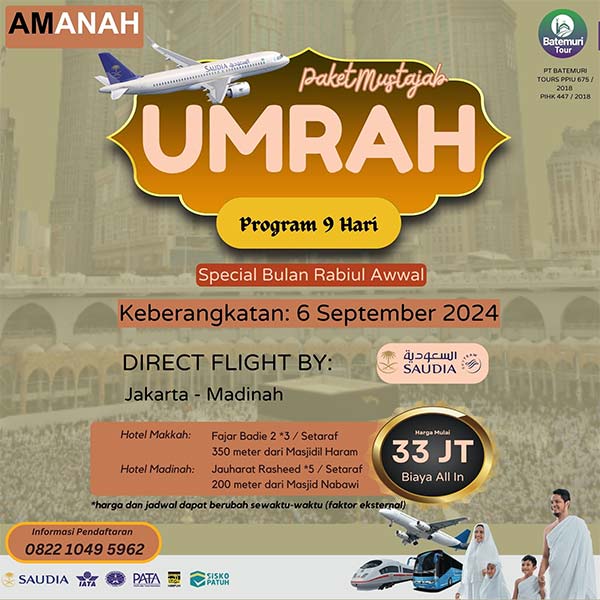 Umrah Rabiul Awwal1446 H, Paket 9 Hari, Batemuri Tour, Keberangkatan: 6 September 2024